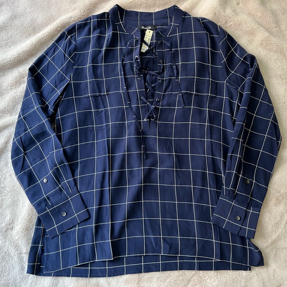 NWT Madewell Silk Lace-Up Shirt Windowpane Plaid Navy Blue Size M - Picture 6 of 8